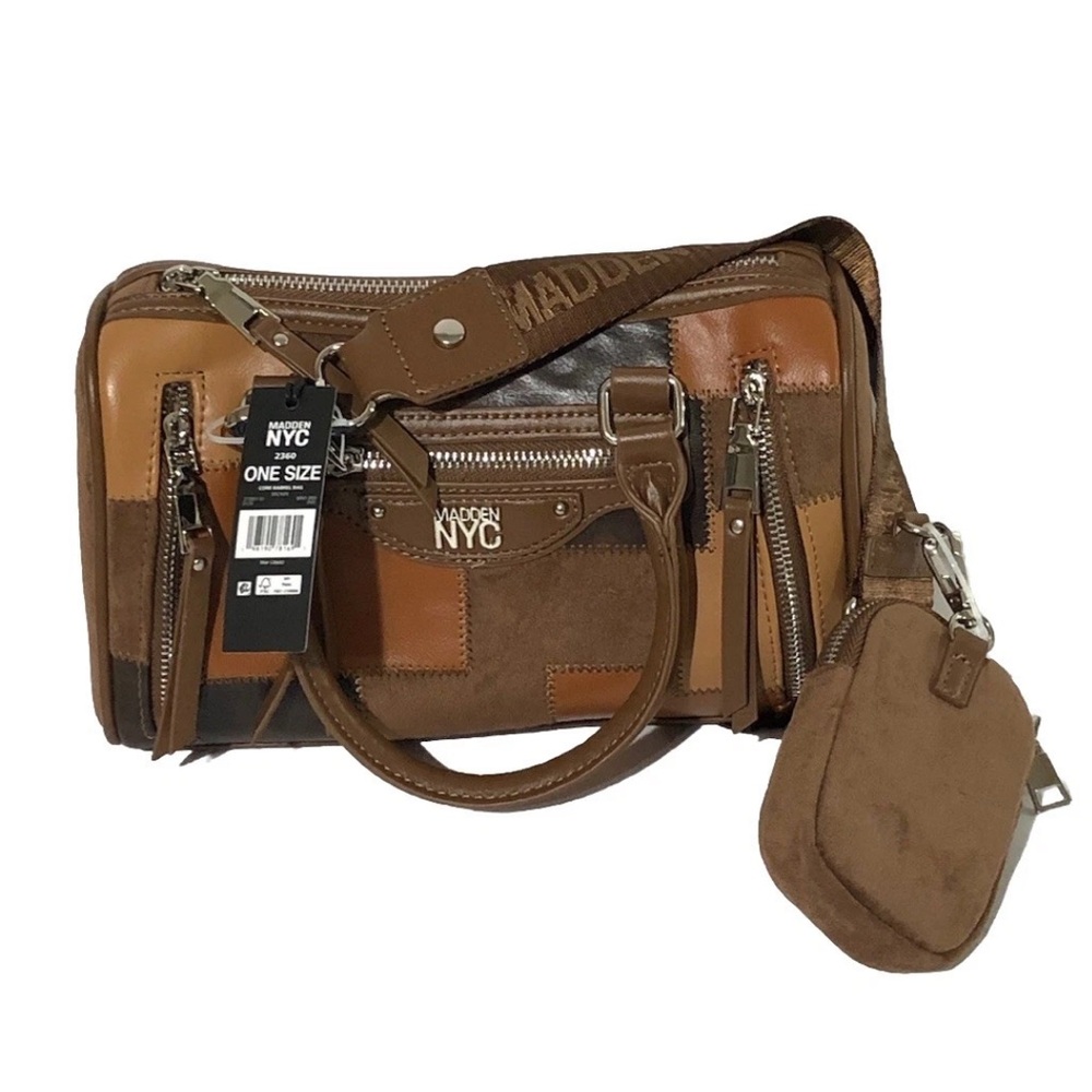 Madden NYC Women's Core Barrel Bag Brown Crossbody Zipper Pouch - Picture 6 of 7